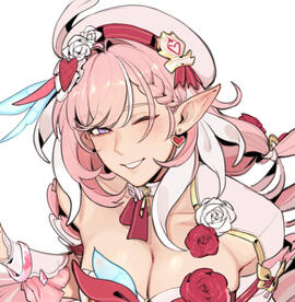 A cropped illustration of Elysia from Honkai Impact 3rd winking at the camera, wearing white, red and blue clothing from her Hi Love Elf battlesuit.