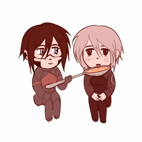 A GIF containing two animated chibi illustrations of Elster from Signalis feeding Ariane Yeong from Signalis soup from a large spoon as they sit down.