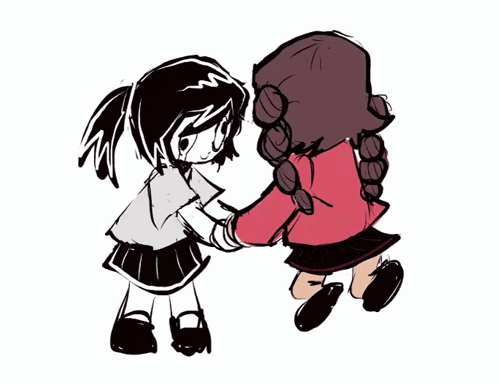 A GIF containing two animed chibi illustrations of two girls, Madotsuki and Monoko from Yume Nikki, holding hands and jumping.
